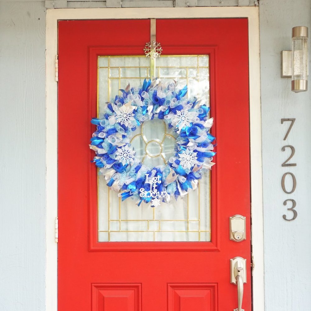Blue and White Let It Snow Deco Mesh Wreath with Snowflake Accents